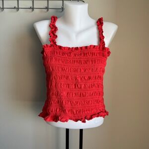Old Navy Smocked Cami Tank Top Cherry Tomato Red Ruffle Strap Size Large Cropped